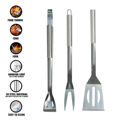 3PK Stainless Steel Barbecue Tool Set with Spatula and Tongs