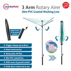 30m Rotary Airer with 3 Arms - Clothes Dryer
