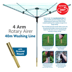 40m Rotary Airer with 4 Arms Clothes Dryer