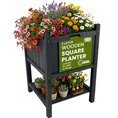 Wooden Square Planter 2-Layer Grey