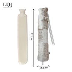 2 Litre Long Hot Water Bottle with Plush Cover+Poms+Pocket+Strap