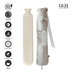 2 Litre Long Hot Water Bottle with Plush Cover+Poms+Pocket+Strap