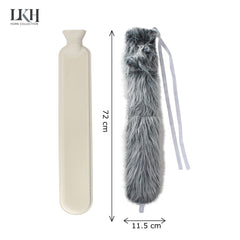 2 Litre Long Hot Water Bottle with Fur Cover+Poms+Pocket+Strap