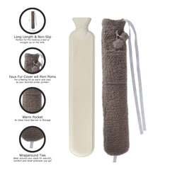 2 Litre Long Hot Water Bottle with Sherpa Fleece Cover+Poms+Pocket+Strap