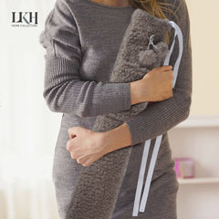 2 Litre Long Hot Water Bottle with Sherpa Fleece Cover+Poms+Pocket+Strap