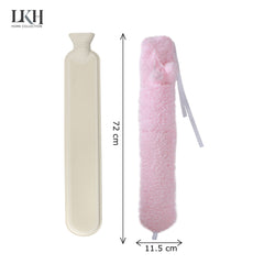 2 Litre Long Hot Water Bottle with Sherpa Fleece Cover+Poms+Pocket+Strap