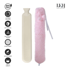 2 Litre Long Hot Water Bottle with Sherpa Fleece Cover+Poms+Pocket+Strap