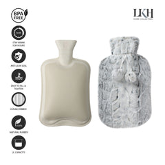 2 Litre Hot Water Bottle with Rabbit Fur Coverand Poms