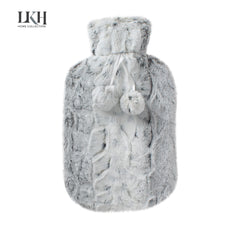 2 Litre Hot Water Bottle with Rabbit Fur Coverand Poms