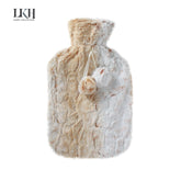 2 Litre Hot Water Bottle with Rabbit Fur Cover and Poms