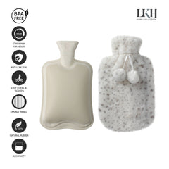 2 Litre Hot Water Bottle with Rabbit Fur Cover and Poms
