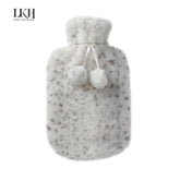 2 Litre Hot Water Bottle with Rabbit Fur Cover and Poms