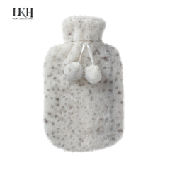 2 Litre Hot Water Bottle with Rabbit Fur Cover and Poms