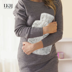 2 Litre Hot Water Bottle with Rabbit Fur Cover and Poms