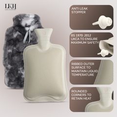 2 Litre Hot Water Bottle with Rabbit Fur Cover and Poms