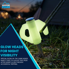 20PK Glow-In-Dark Steel Tent Pegs + Peg Puller