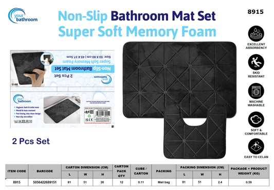 2pc Memory Foam Bath Mat Set (Black)