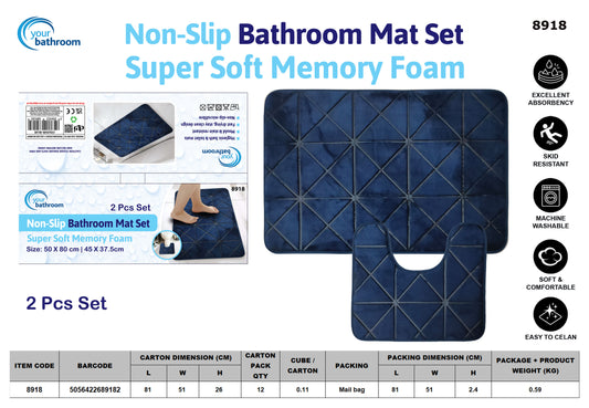 2pc Memory Foam Bath Mat Set (Blue)