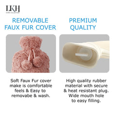 2 Litre Hot Water Bottle with Faux Fur Cover and Poms