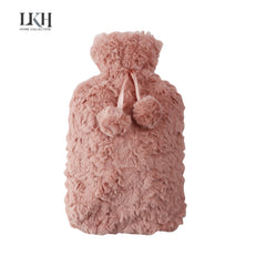 2 Litre Hot Water Bottle with Faux Fur Cover and Poms