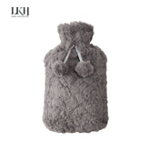2L Hot Water Bottle with Faux Fur Cover & Pom Poms