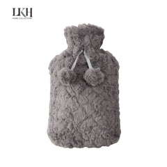 2L Hot Water Bottle with Faux Fur Cover & Pom Poms