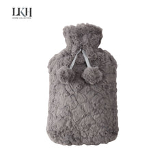 2L Hot Water Bottle with Faux Fur Cover & Pom Poms