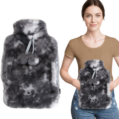 2 Litre Hot Water Bottle with Rabbit Fur Cover and Poms