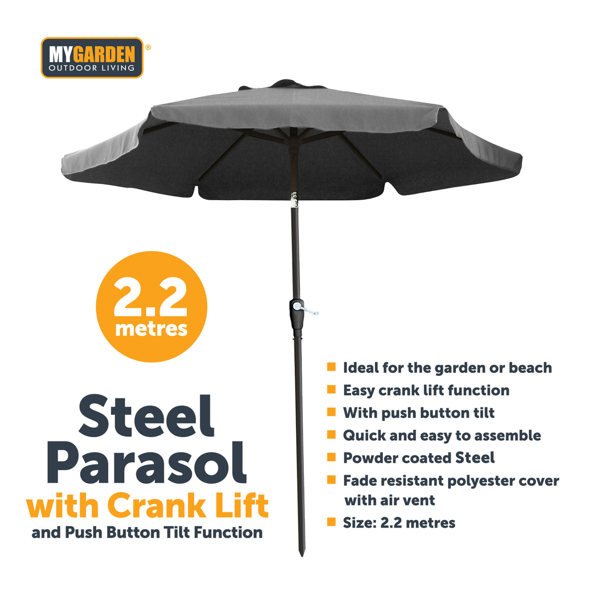 Steel Parasol with Crank Lift and Push Button Tilt Function