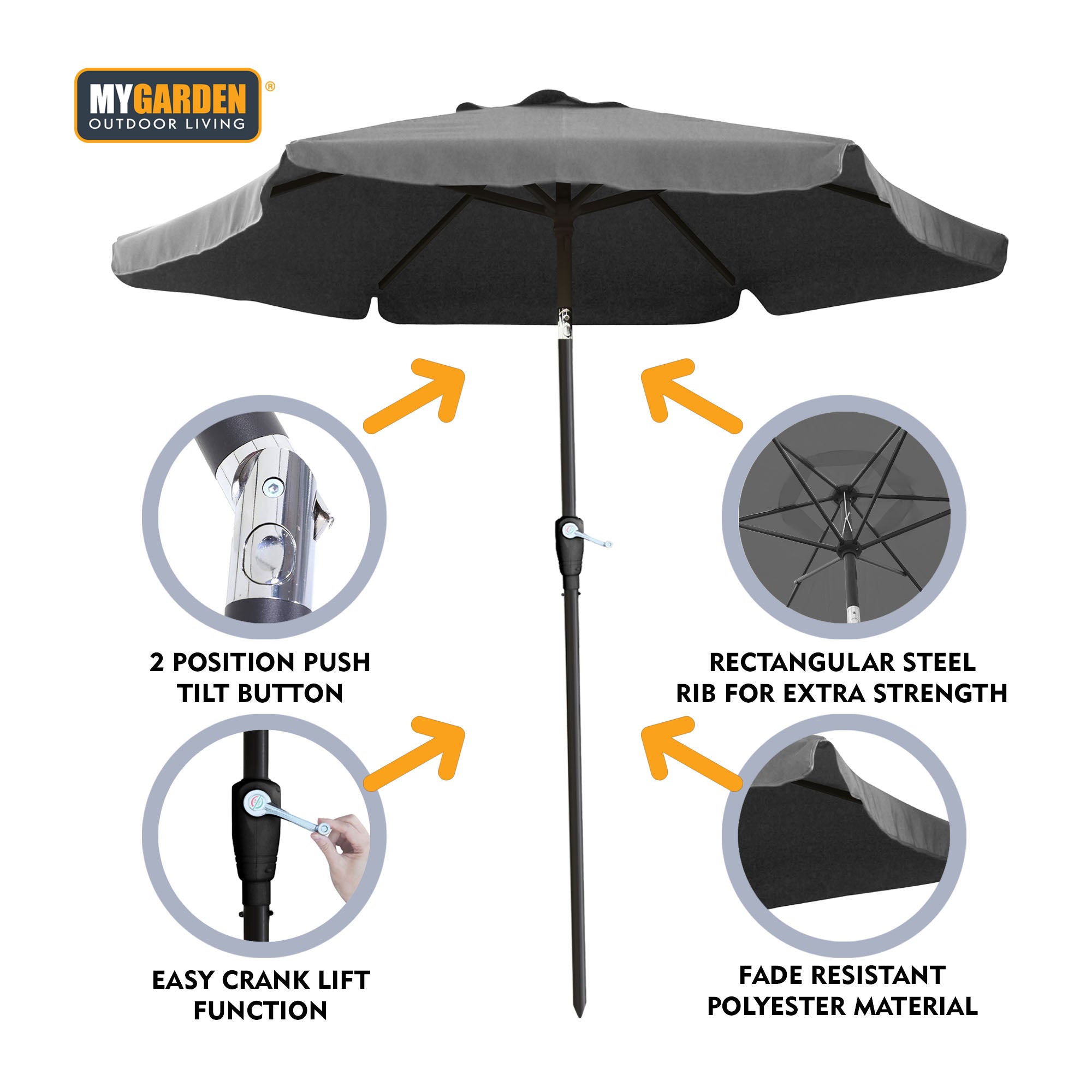 Steel Parasol with Crank Lift and Push Button Tilt Function