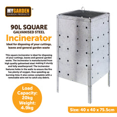 90 Litre Square Galvanised Steel Incinerator