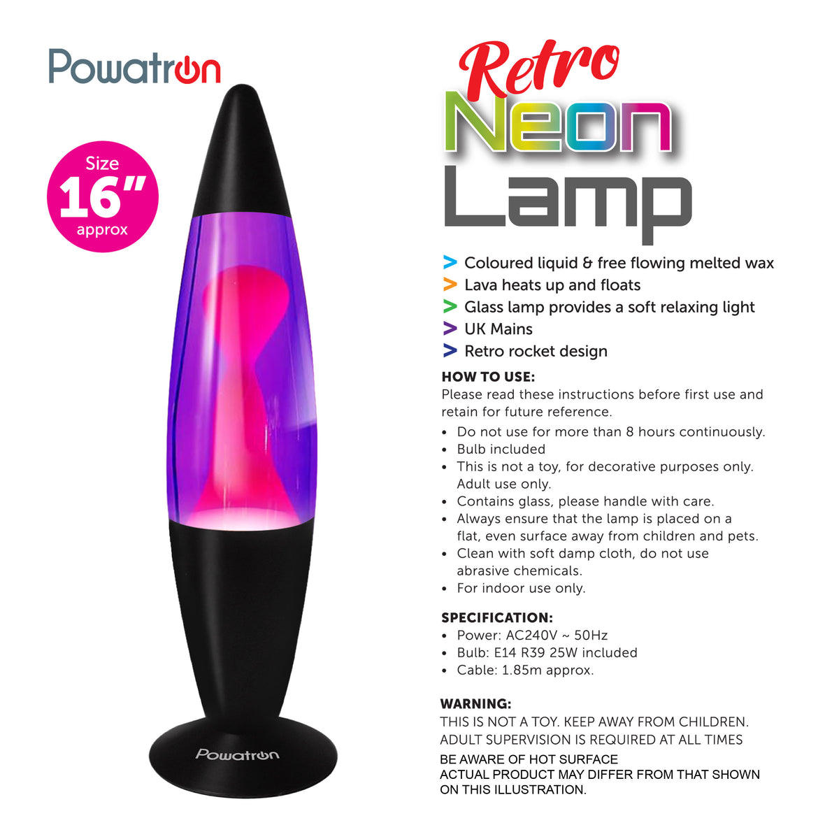 16" Lava Lamp Black Base Pink Water Flurescent Pink Wax