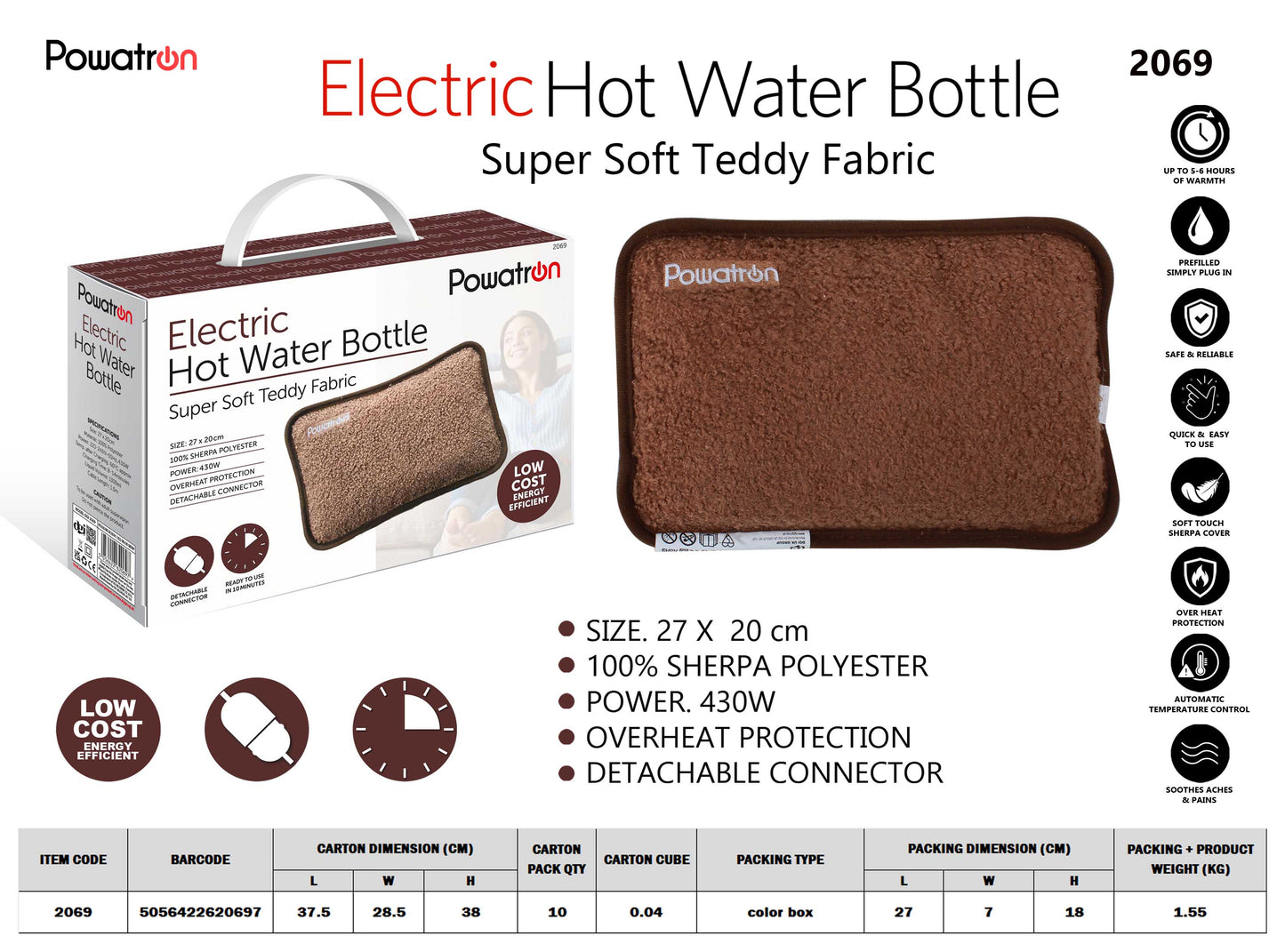 Electric Hot Water Bottles Teddy Fabric (Brown)