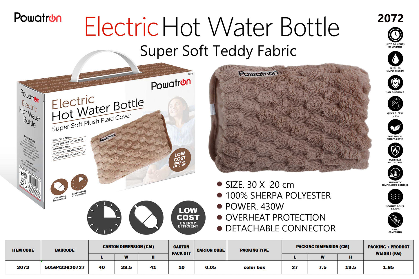 Electric Hot Water Bottle Fleece/Plaid Plush (Light Brown)