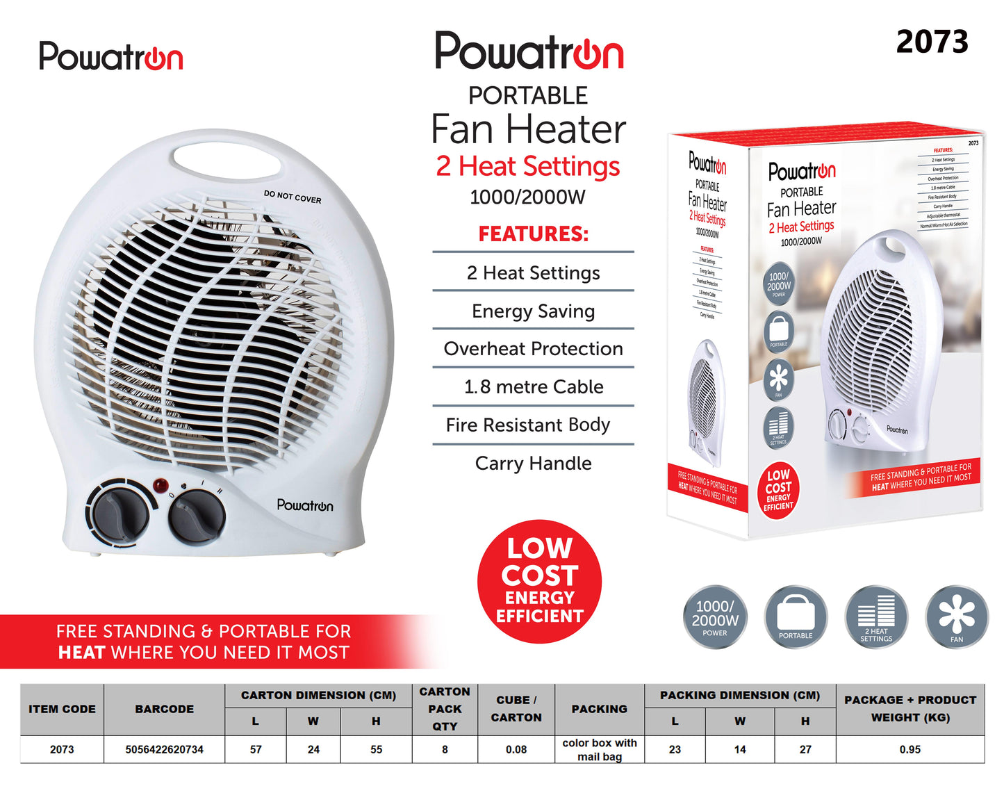 2-way Power Fan Heater (1-2KW) White 230x140x270mm