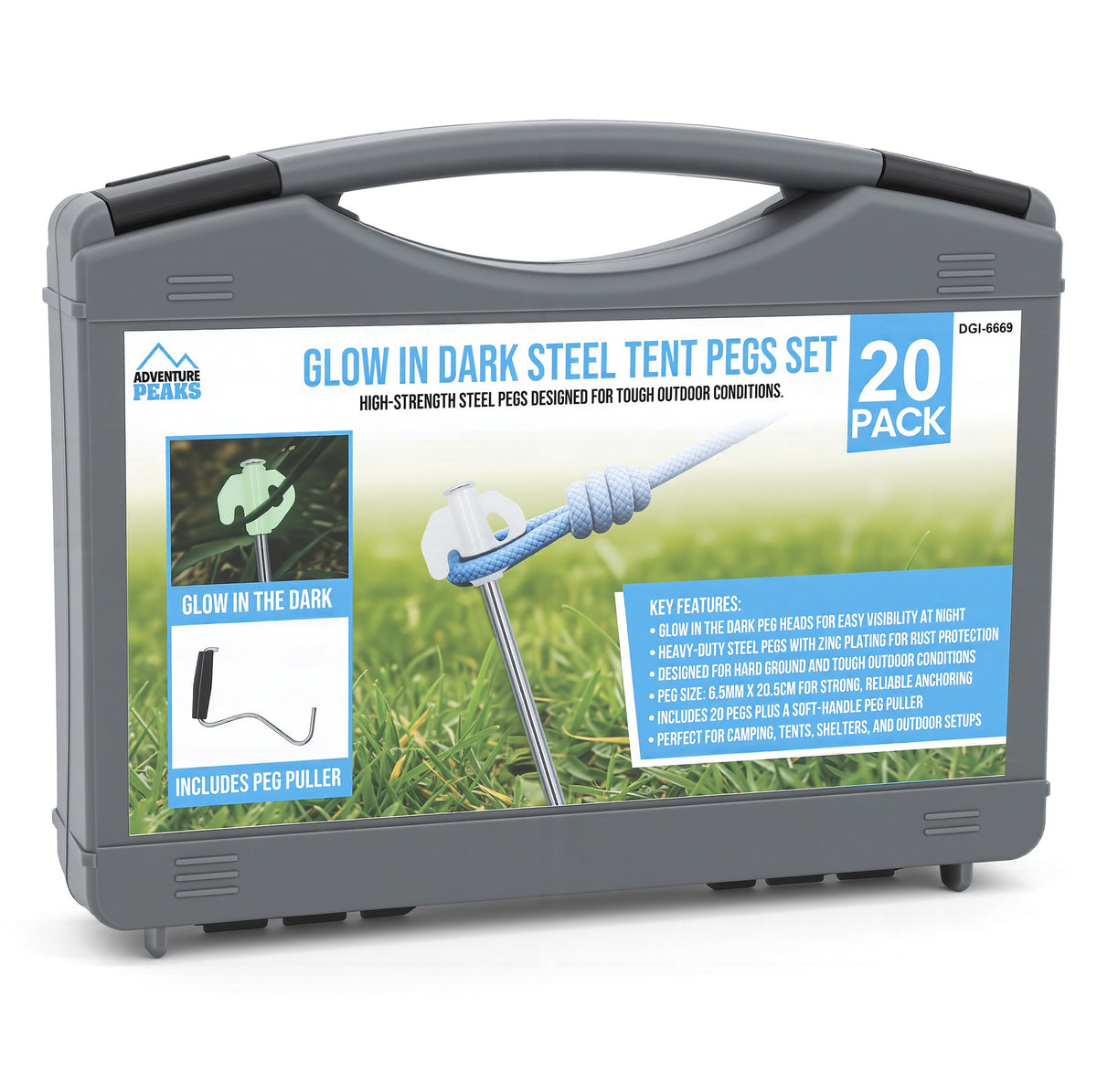 20PK Glow-In-Dark Steel Tent Pegs + Peg Puller