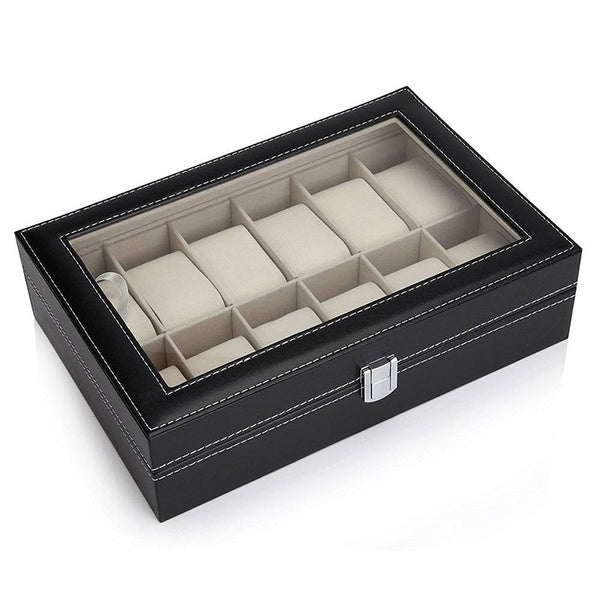 12 Section PU Leather Watch Case Black