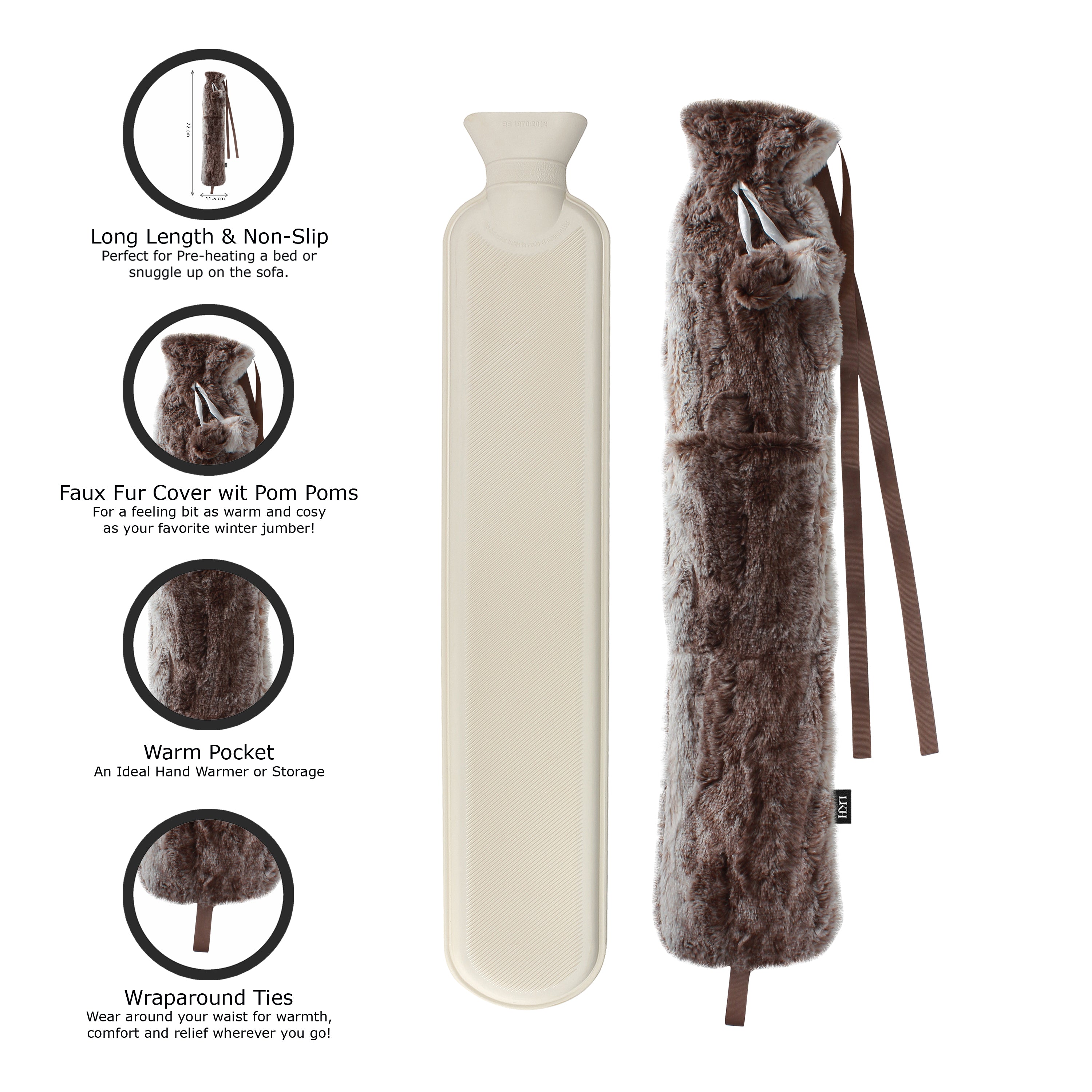 2L Brown BS Rubber LHW Bottle+ Plush Cover+Two Pompos+Pocket+Strap