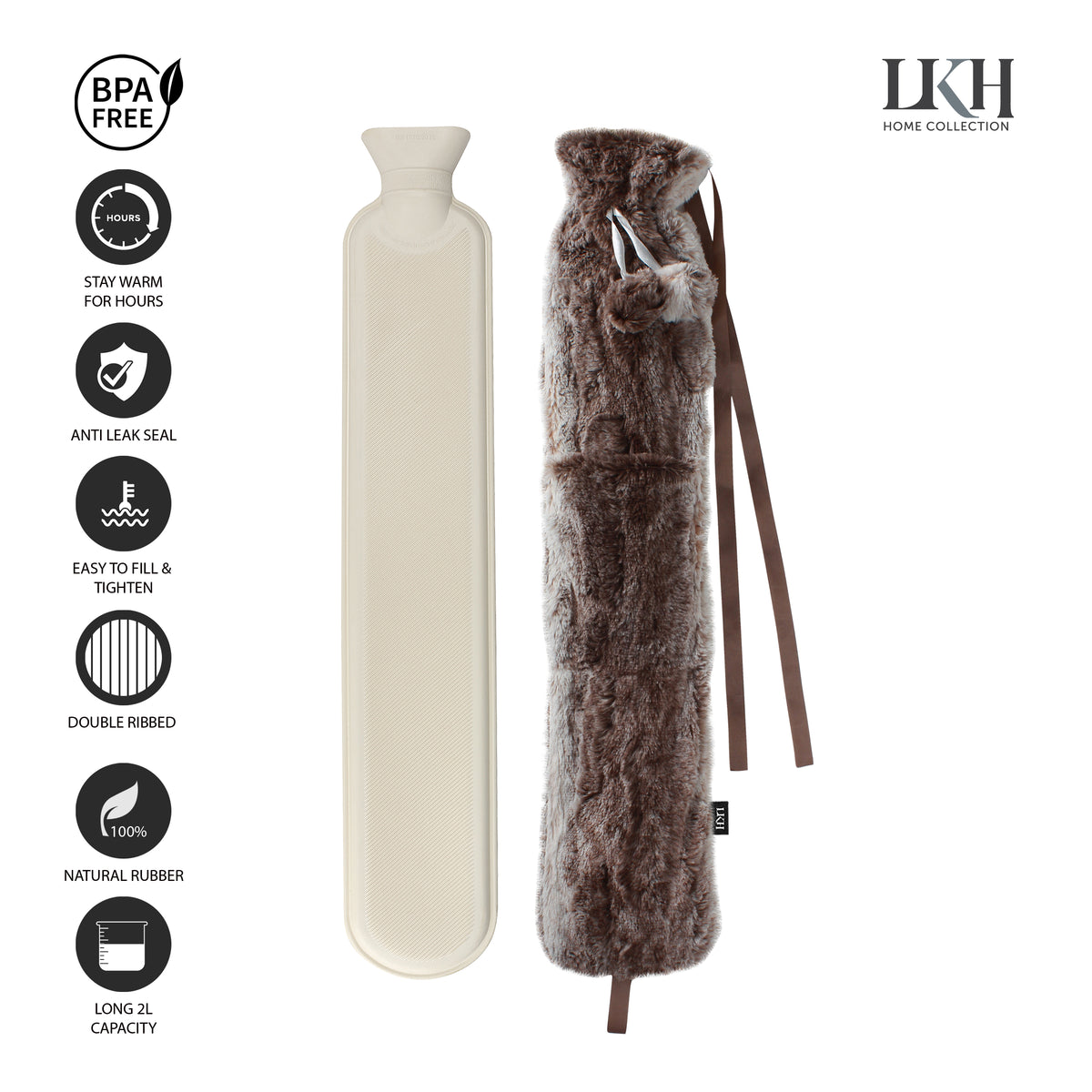 2L Brown BS Rubber LHW Bottle+ Plush Cover+Two Pompos+Pocket+Strap