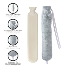 2 Litre Long Hot Water Bottle with Plush Cover+Poms+Pocket+Strap