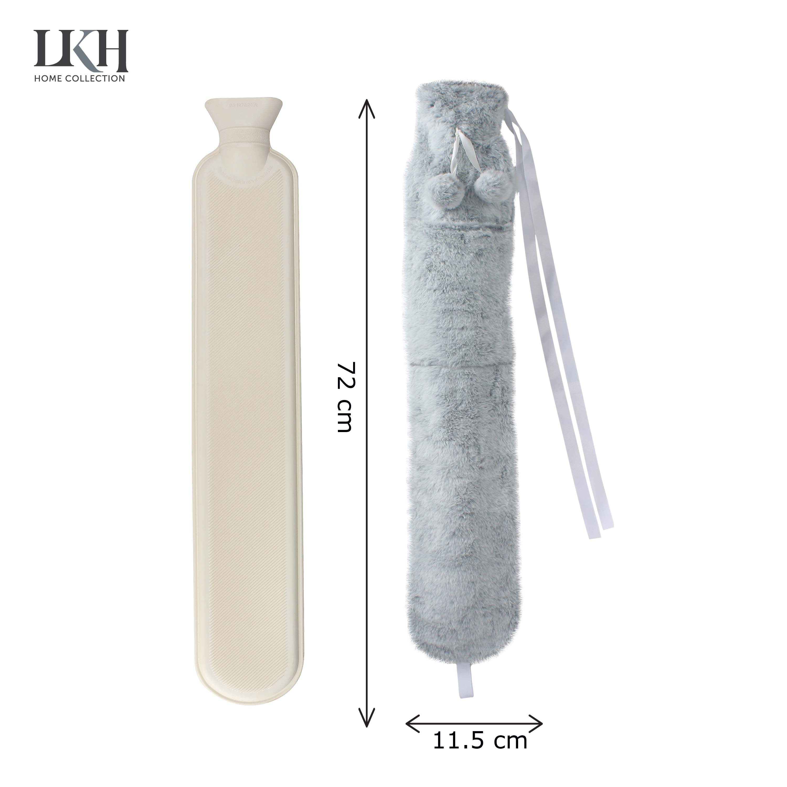 2 Litre Long Hot Water Bottle with Plush Cover+Poms+Pocket+Strap