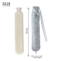 2 Litre Long Hot Water Bottle with Plush Cover+Poms+Pocket+Strap