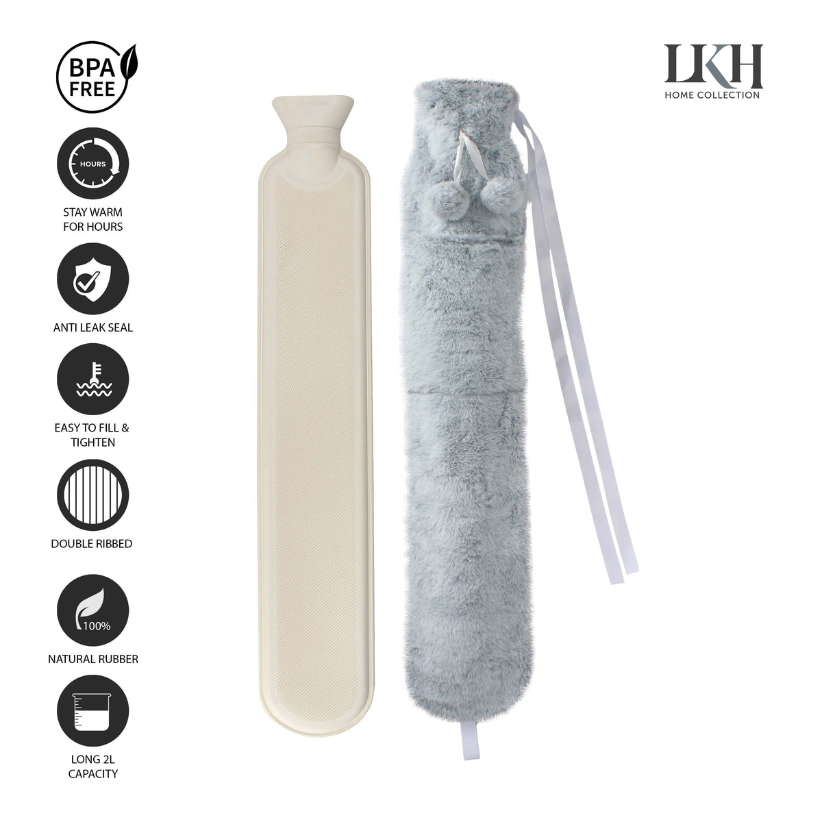 2 Litre Long Hot Water Bottle with Plush Cover+Poms+Pocket+Strap