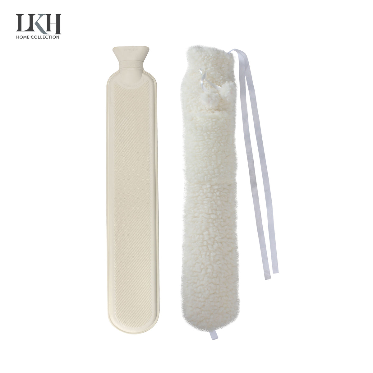 2 Litre Long Hot Water Bottle with Sherpa Fleece Cover+Poms+Pocket+Strap