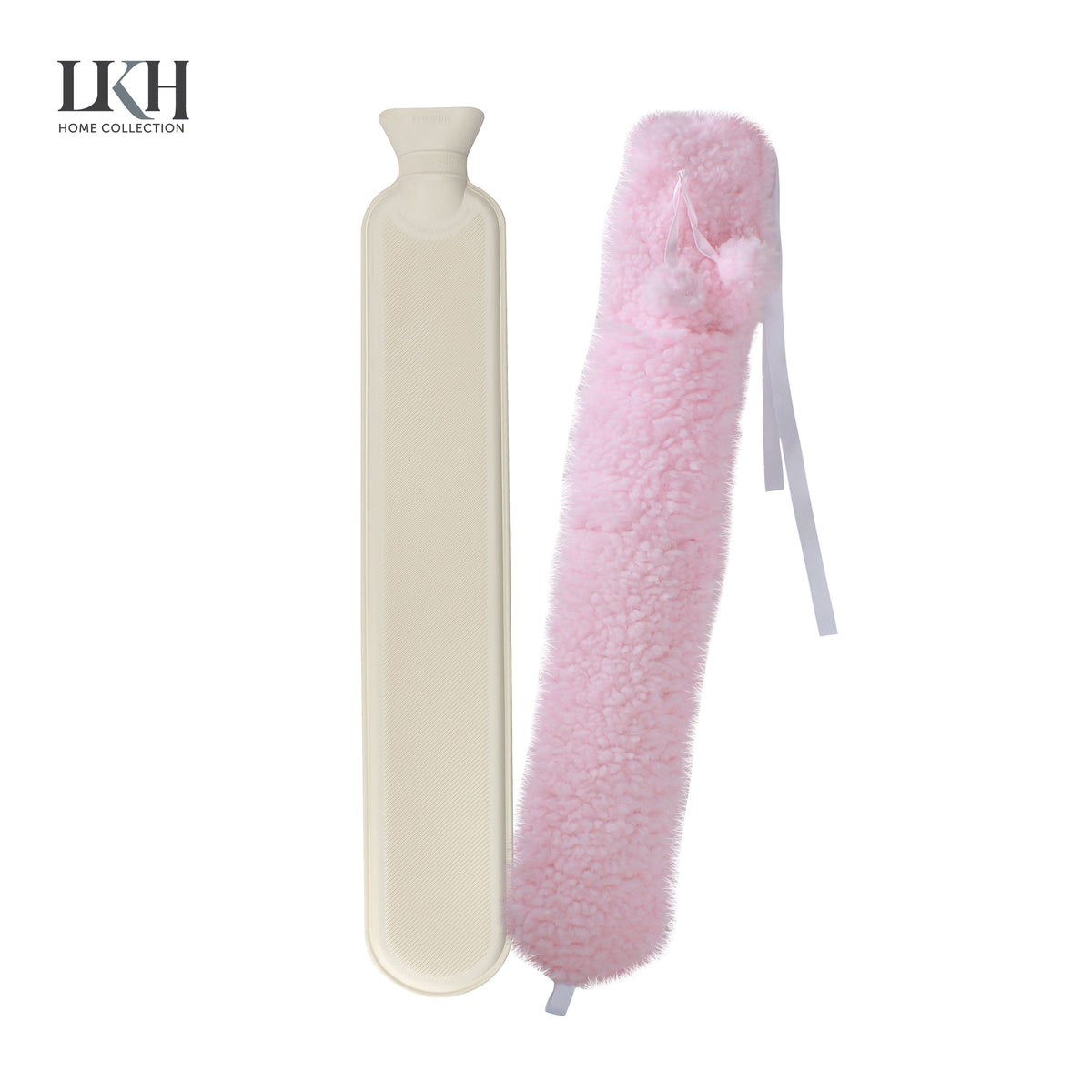 2 Litre Long Hot Water Bottle with Sherpa Fleece Cover+Poms+Pocket+Strap
