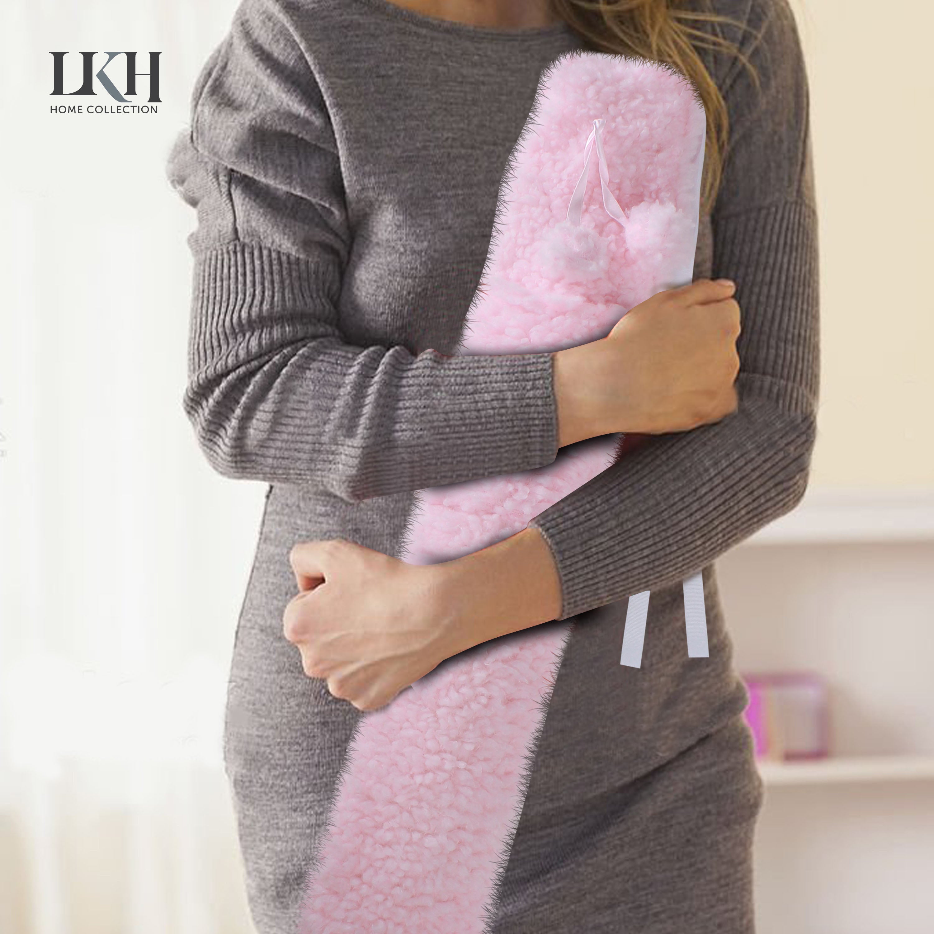 2 Litre Long Hot Water Bottle with Sherpa Fleece Cover+Poms+Pocket+Strap
