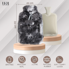 2 Litre Hot Water Bottle with Rabbit Fur Cover and Poms