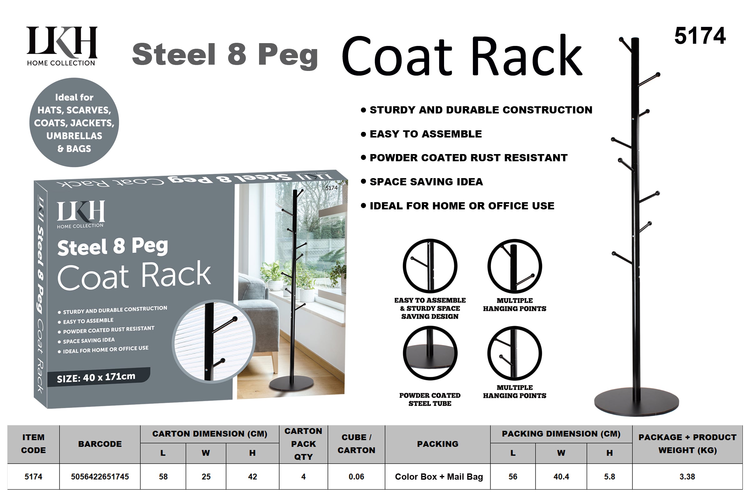 Durable 8-Peg Steel Coat Rack Stand