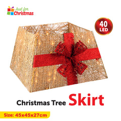 Foldable LED Santa Xmas Tree Skirt+ Glitter Ribbon+Bow (Gold)