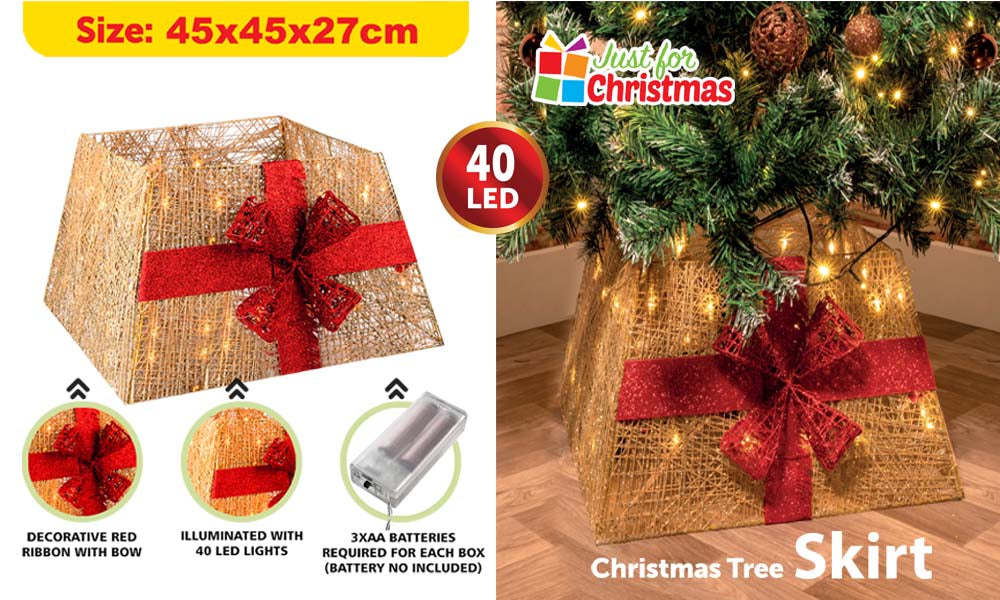 Foldable LED Santa Xmas Tree Skirt+ Glitter Ribbon+Bow (Gold)